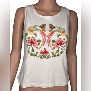 CAbi Floral Sequin Beaded White Cotton Tank Top M